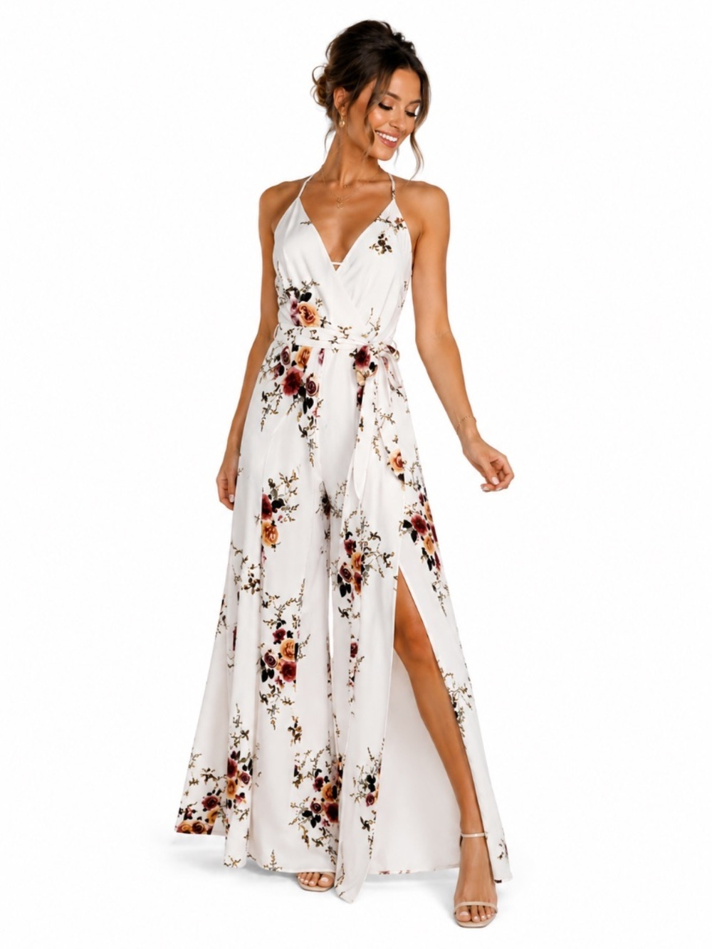 Luxxel White & Burgundy Floral Romantic Cottagecore Open Back Jumpsuit Size S